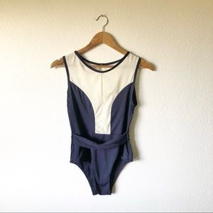 Khongboon navy swimsuit with mesh detail